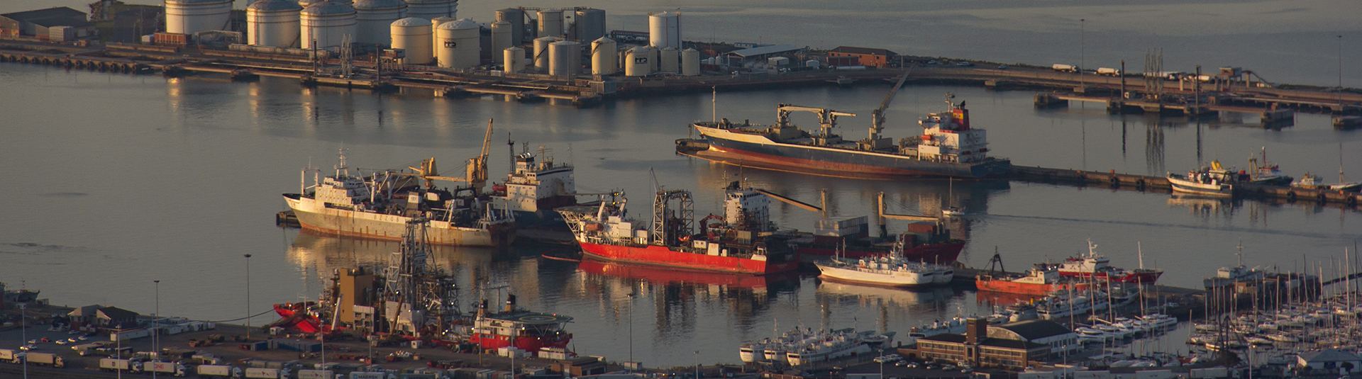 Cargo ships and workboats in a commercial port at sunset